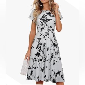 NWT Homeyee Women's White Short Sleeve Floral Casual A Line Midi Dress Fit Flare